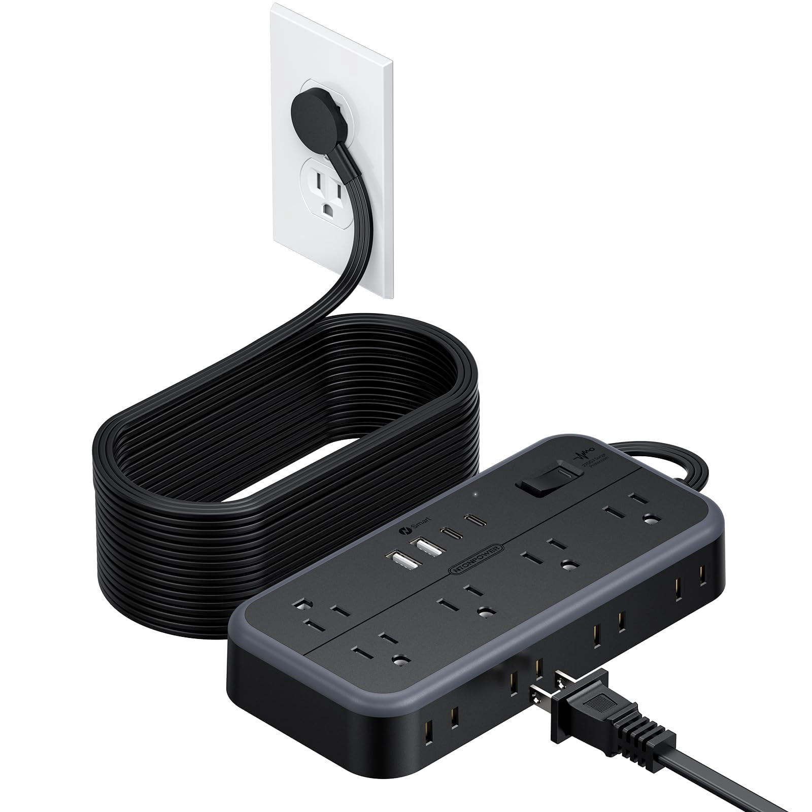 NTONPOWER Surge Protector Power Strip 25 Ft Cord 10 Widely Spaced Outlets 4 USB Port(2 USB C Port) Ultra Thin Flat Plug Extension Cord 25 Feet 2700J Surge Protection for Home Office Garage Black