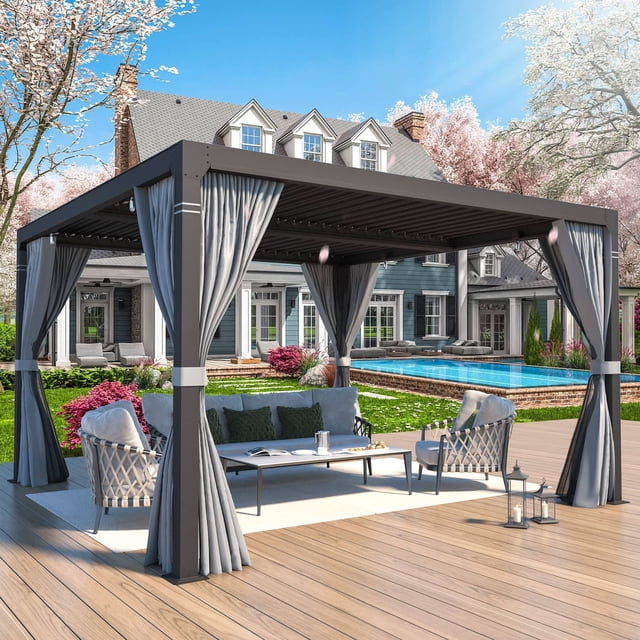 Hommow Pergola à Persiennes 12x24, Aluminium avec Toit Ajustable, Extérieur avec Moustiquaires Imperméables, Gris Foncé