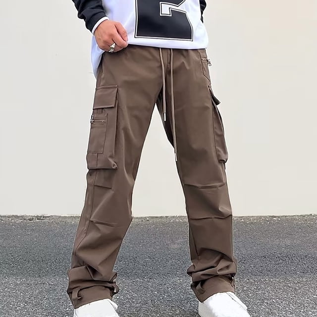 AherBiu Cargo Pants For Men Drawstring Elastic Waisted Wide Leg Pants With Zipper Multi Pockets Outdoor Casual Loose Trousers