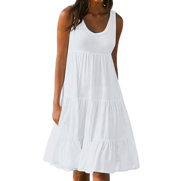 Ruimatai Women Dress Summer Clearance Women's Fashion Holiday Summer Solid Color Sleeveless Party Beach Dress
