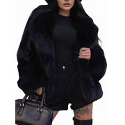 Female Faux Fur Coat Faux Fur Jacket Long Sleeve Lapel Furry Winter Jackets Parka Short Coat Black M