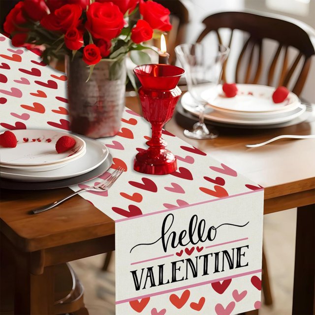 Boovnll Valentines Day Table Runner, 13x91" Valentine's Day Printing Table Runner, Valentines Table Runner for Holiday Kitchen Dining Table, Party Decor, Valentines Day Decorations