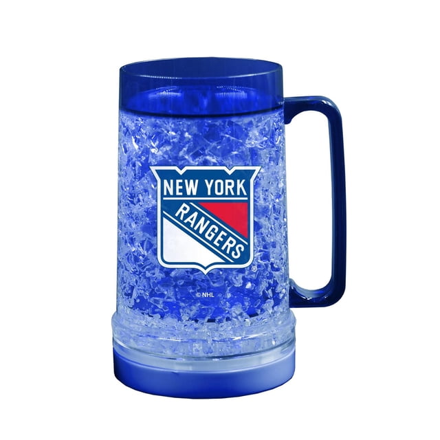FREEZER MUG 16OZ NHL NEW YORK RANGERS with double-wall crystal-gel insulation and blue handle, featuring the official team logo in red, white, and blue, designed to keep beverages ice cold with flashing light settings, suitable for sports fans and outdoor activities.