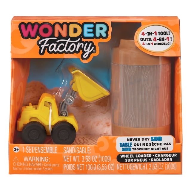 Wonder Factory Camions de Construction en Sable Jamais Sec Présentant un Jouet à Chargement Frontal Jaune avec des Roues Noires et un Contenant de 3,53 oz (100 g) de Sable Sans Gluten et Jamais Sec dans un Emballage orange, Conçu pour le Sable Extérieur et les Jeux à la Plage avec un Outil 4-en-1 pour Rouler, Estamper, Connecter et Entreposer.