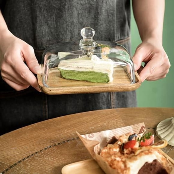 Wooden Butter Dish with Clear Glass Lid – Rectangular Butter Keeper & Serving Tray, Elegant Butter Crock for Cheese, Desserts, Pastries – Kitchen & Dining Room
