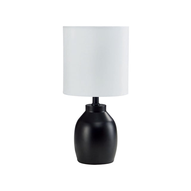HOMETRENDS Table Lamp with a matte black polyresin base and white faux silk round shade, 12.8 inches tall, featuring 3-level touch brightness control, suitable for bedrooms, living rooms, or home offices, also ideal for bedside reading.