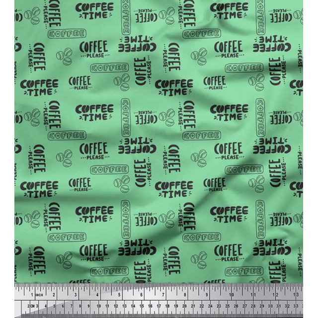 Soimoi Green Modal Satin Fabric Coffee Time Text Print Fabric by Yard 42 Inch Wide