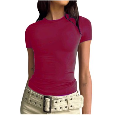 Bigersell Hauts d'Été pour Femmes à Manches Courtes, Couleur Unie, Col Ras du Cou, Hauts Décontractés, T-shirt à Enfiler pour Femmes, Péplum, Col Rond, T-shirts à Manches Courtes Style B10273, Bourgogne 3TG
