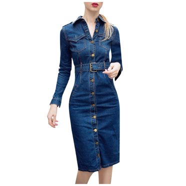 WTXUE Robe en Denim, Robe d'Hiver Jeans pour Bureau Ajustée Mi-Mollet Robe Femme Jeans pour Femmes avec Ceinture, Robe à Manches Longues, Robe Portefeuille, Robes Petite pour Femmes, Robe Bleue Femme, Bleu P