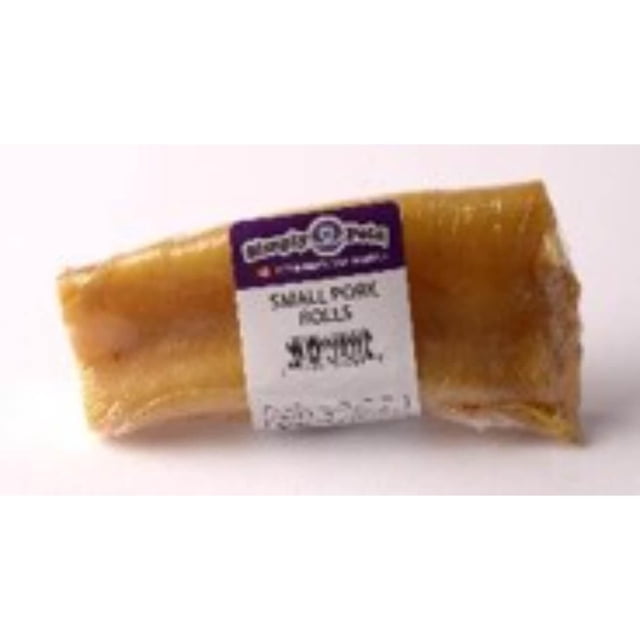 Produit du CANADA - Simply Pets Petits Rouleaux de Porc à Mâcher pour Chiens, Lot de 2, Deux Os de Porc Naturels Emballés Individuellement pour Chiens, Sans gluten et Sans Antibiotiques, Gros Plan dans un Emballage en Plastique Transparent avec une Étiquette Blanche et Violette, Convient comme Gâteries et Mâchouilles pour Chiens.