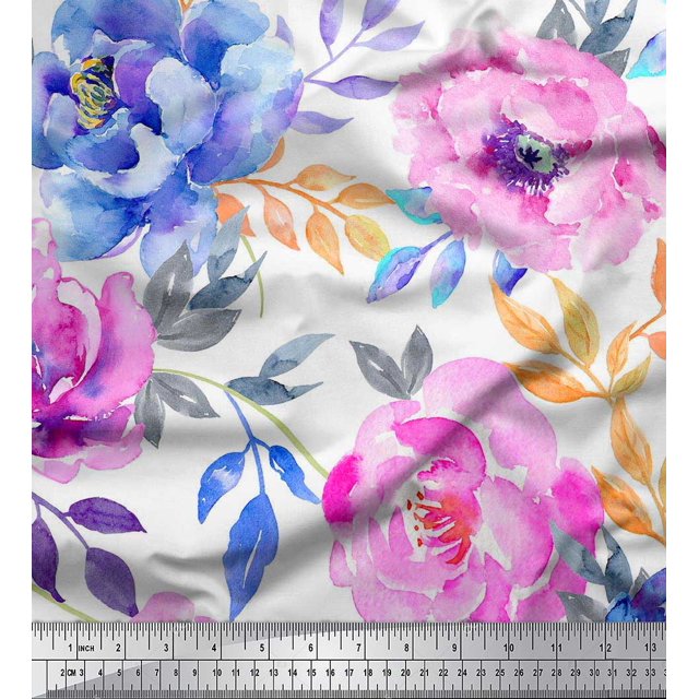 Soimoi White polyester Crepe Fabric Leaves & Floral Print Sewing Fabric BTY 52 Inch Wide