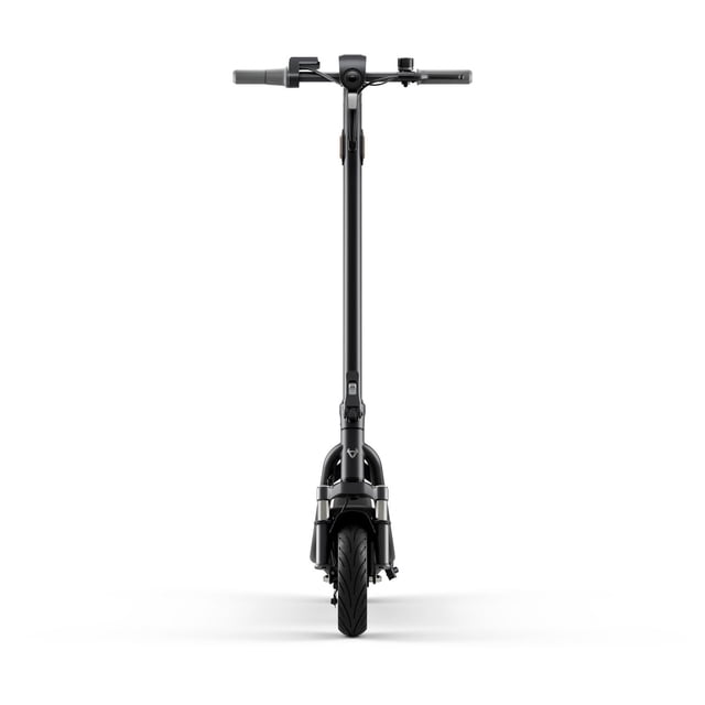 NIU KQi 100P Trottinette Électrique Noire, Vue avant Montrant Son Cadre Mince en AlumiNIUm, Pneu Pneumatique Rempli d'Air avec Bande de Roulement, Phare DEL et Commandes au Guidon, Conçue pour des Déplacements Urbains Efficaces et des Promenades Récréatives, Convient Aussi aux Voyages de Courte Distance.