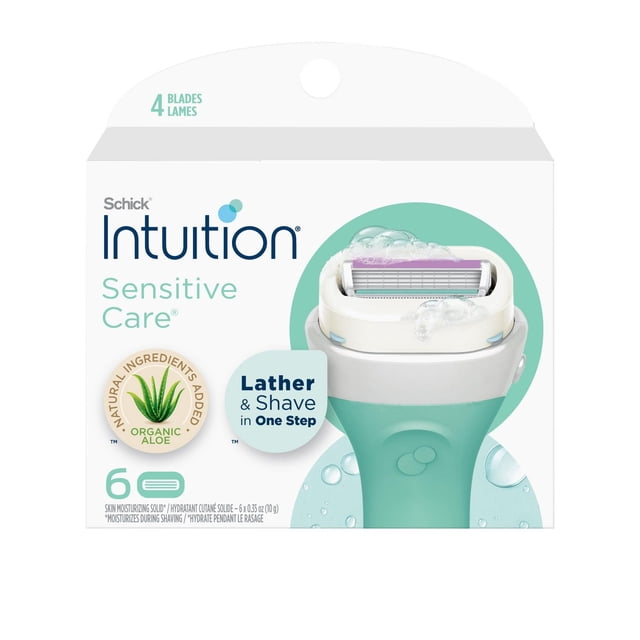 Schick Intuition Women's Naturals Sensitive Care Vitamin E & Aloe Razor Refills package showing a close-up of a 4-blade razor refill with aloe and vitamin E infused moisturizing solid that lathers and shaves in one step, designed for sensitive skin with a pivoting head to follow body contours, compatible with all Schick Intuition razor handles, displayed on a white background with product branding and organic aloe badge.