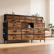 PioneerWorks Dresser for Bedroom with 14 Drawers, 55 in W Dresser with Side Pocket, Fabric Dressers & Chests of Drawers with Shelves, Sturdy Frame, Wood Top, Brwon