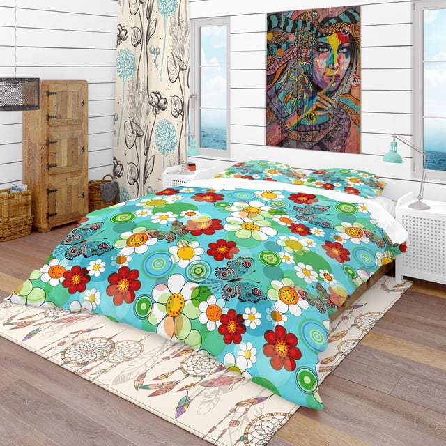 Designart 'Vivid Blue Floral Pattern' Bohemian & Eclectic Bedding Set - Duvet Cover & Shams