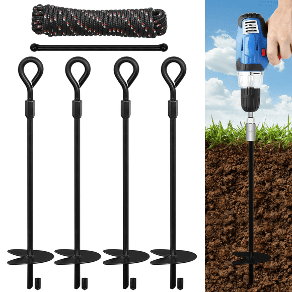 Urban Deco 15 inch 4 Ground Anchor Stakes, Dual-Purpose Heavy Duty Metal Earth Augers for Tents, Canopies, Trampoline Sheds(Black-4 Pack)