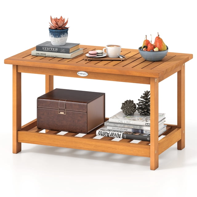 Gymax Table Basse de Patio Extérieure en Acacia à Lattes avec Plateau à Lattes