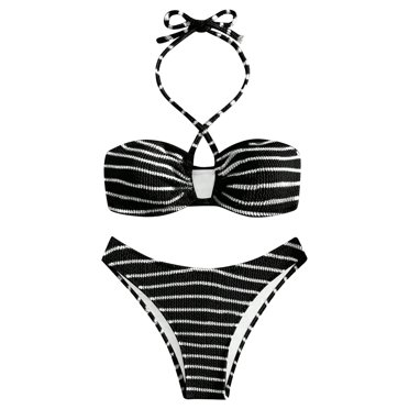 FhsagQ Swimsuit Sets for Women Silk Women's Personality Fashion Comfortable Hot Striped Print Solid Color Strap Bikini Set Swimsuit Sets for Women Set Womens Swimsuit Sets White Black S
