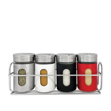 JS Gourmet - Ensemble de 4 Pots à Épices avec Plateau de Rangement, Acier Inoxydable