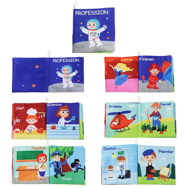 Kid Cloth Book Infant Baby Intelligence Development Toy Cognize Books featuring soft cloth material with vibrant illustrations of various professions such as astronaut, dancer, fireman, chef, scientist, aviator, farmer, teacher, police, doctor, and painter. The book measures 12 x 12 cm, includes 6 pages with front and back covers, and is designed for children aged 3 months to 3 years. Textured fabrics and bright colors enhance sensory awareness, while the durable design ensures longevity.