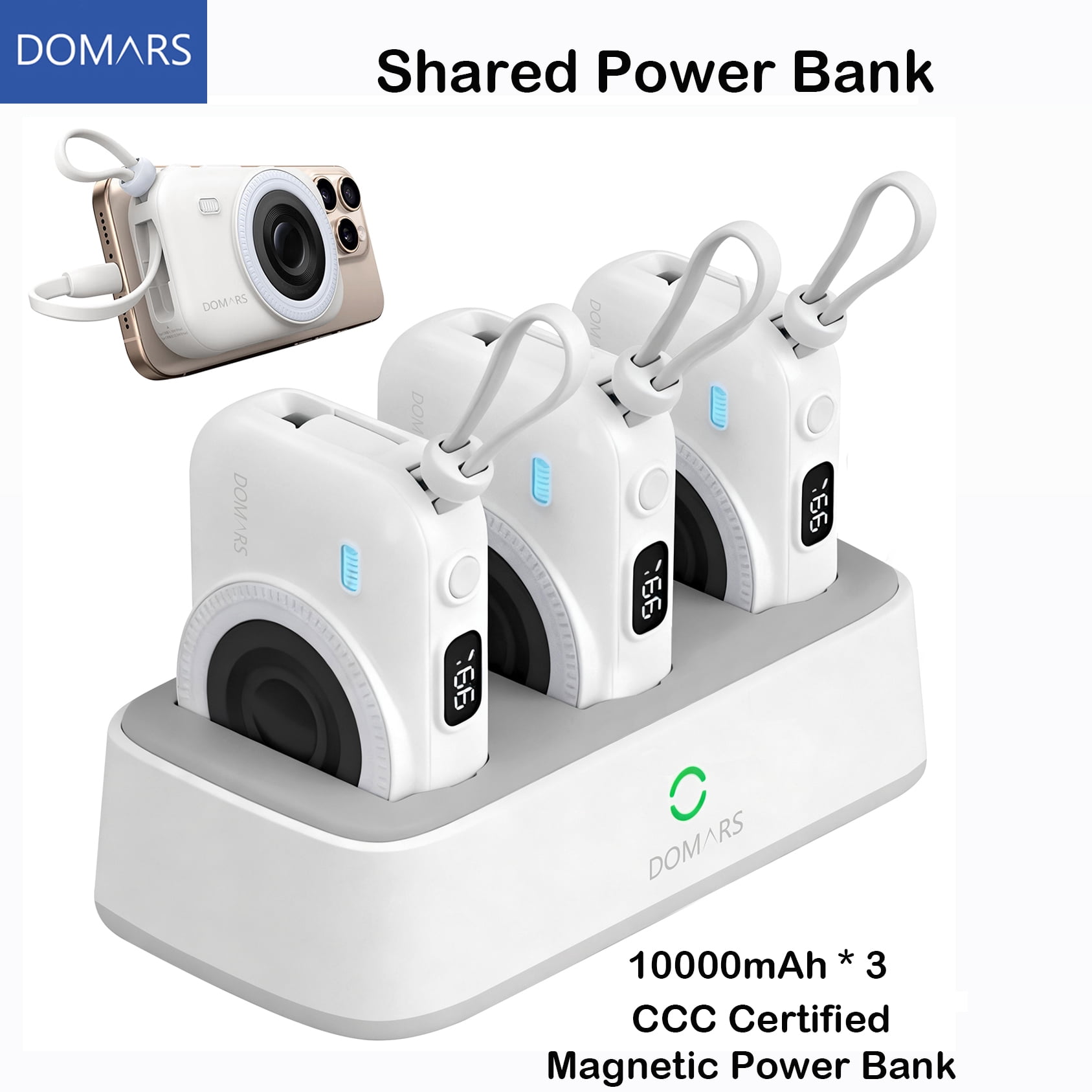 Domars 3pcs 10000mAh Magnetic Power Bank Set, 22.5W Fast Charging Portable Charger with Charging Base, Built-in Type-C & Lightning Cable, Strong Magnetic Adsorption for Home Office Travel