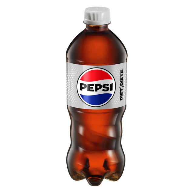 Pepsi Diet Cola 591 mL bottle with transparent plastic showing dark cola, white screw cap, and silver label featuring the red, white, and blue Pepsi logo and 'Diet Diète' text, a zero-calorie soft drink ideal for any occasion or on-the-go refreshment.