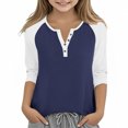 thumbnail image 1 of Cowsor Girl's Casual 3/4 Sleeve T Shirts Button V Neck Tunic Blouses Color Block Basic Tee Tops Loose Fit Summer Shirt, 1 of 6