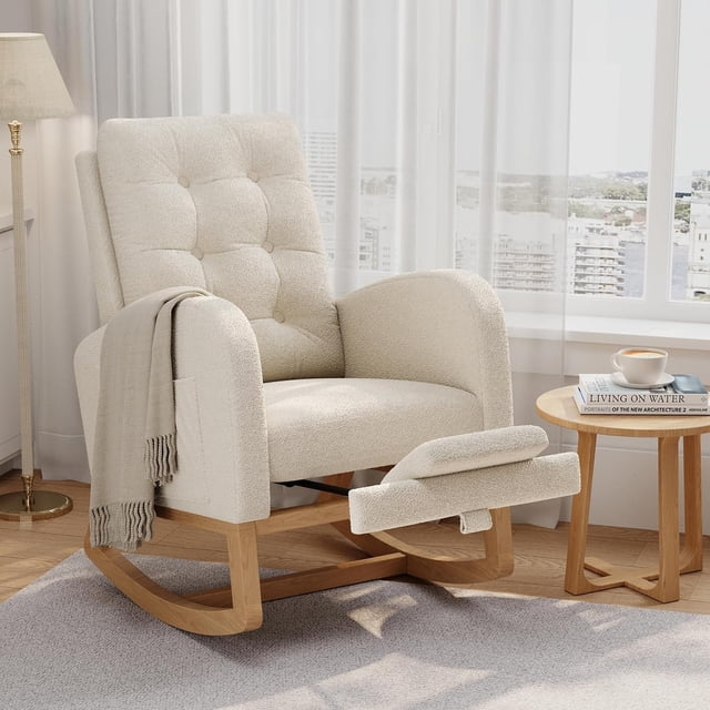 Modern Nursery Rocking Chair, Boucle Upholstered Rocking Chair with Footrest, Comfortable Rocker Recliner with Side Pocket, Rocker Glider for Living Room, Bedroom, Nursing Room, Beige