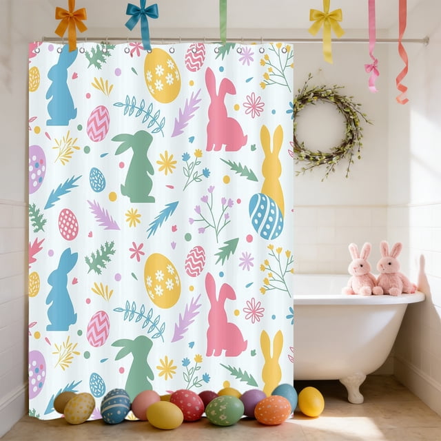Tdxkok Rideau de Bain de Pâques Linge de Bain Sans Perçage avec 12 Crochets Décorations Joyeuses Pâques