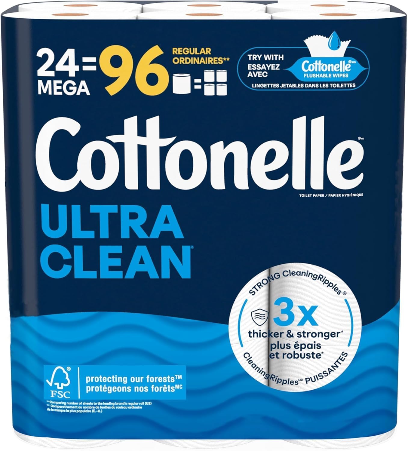 Cottonelle Toilet Paper, 24 Mega Rolls = 96 Regular Rolls, Ultra Clean, Strong Bathroom Tissue, 284 Sheets per Roll, Packaging May Vary