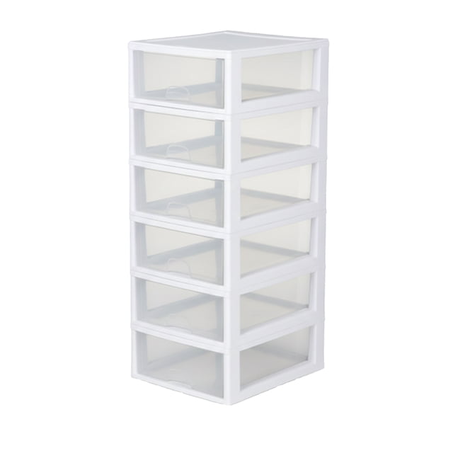 Sterilite 16 Quart Clear Plastic Stacking Storage Drawer Container Box, 6 Pack. A modular storage system featuring six clear drawers within a white-framed structure. Each drawer slides smoothly and is designed for organizing small to medium-sized items like clothing, craft supplies, or office materials. The stackable design maximizes vertical space, making it ideal for compact areas such as closets, desks, or countertops. Dimensions: 17 x 14.4 x 6.9 inches per drawer.