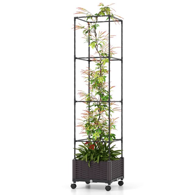 Costway 1 PCS 67" Planter Raised Garden Bed with Planter Box &Trellis Adjustable Height