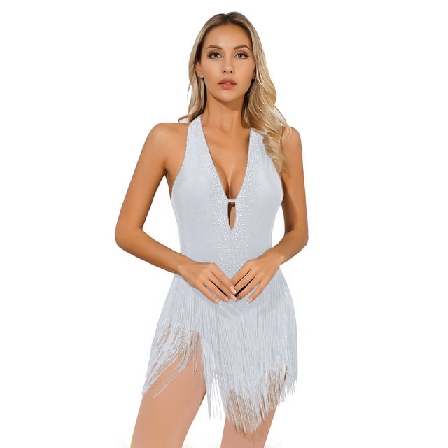 Oyolan Robe de Danse Latine Tango pour Femmes à Col en V avec Franges, Justaucorps de Ballet et de Gymnastique, Costume de Performance Blanc P