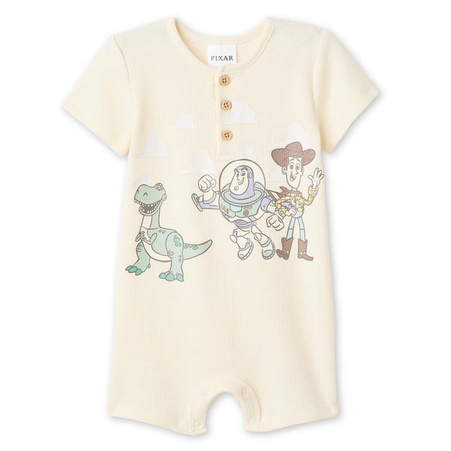 Disney Baby Boys' Toy Story Romper soft, breathable waffle knit short-sleeve crew-neck romper with 3-button placket and front Toy Story graphic; snap-button inseam for easy diaper changes, 60% BCI cotton 40% polyester.