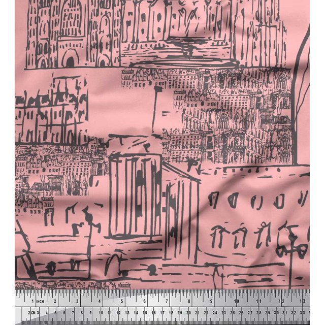 Soimoi Pink Rayon Fabric London Theme Architectural Printed Fabric 1 Yard 42 Inch Wide