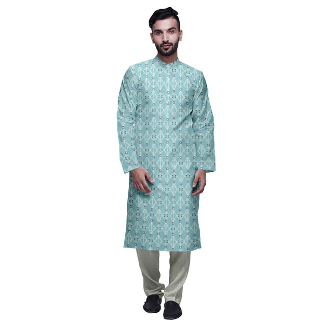 Atasi Mandarin Collar Printed Satin Slub Traditional Kurta Set For Men