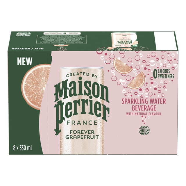 Maison Perrier Forever Boisson d'Eau Pétillante au Pamplemousse, Lot de 8 en Canettes de 330 ml, avec Arôme Naturel de Pamplemousse, Sans calories, Sans Édulcorants et Sans sodium, Présentée dans une Boîte Rose et Verte avec des Tranches de Pamplemousse et des Bulles.
