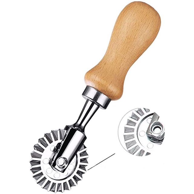LAICAIW Ravioli Cutter Stamps with Roller Wheel featuring a round mold with a 1.3-inch diameter and fluted edge. This pastry tool has a sturdy oak wooden handle and food-grade zinc alloy construction, ideal for precise cutting of pasta, biscuits, wontons, and other foods. Close-up view highlights the ergonomic handle and grooved edges for neat and beautiful incisions, making it a versatile kitchen gadget.
