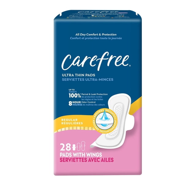 Carefree Ultra Thin Pads, Regular Pads with Wings, 28 count package in blue and pink packaging, providing up to 100% period and leak protection with 8-hour odor control, showing a white ultra-thin pad with wings and absorbent core illustration for all-day comfort and protection.