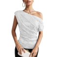 thumbnail image 4 of 2025 one Shoulder Sequin Sparkly T Neck Tops for Women Tops for Women Ruched Compression Shirts for Women Long Sleeve Asymmetrical Glitter Tops Slimming Flowy Tops for Women Party, 4 of 6