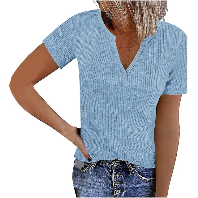 Jsaierl Ribbed Knit Tank Tops for Women Solid Color Notched V Neck Short Sleeve Shirts Daily Going Out Basic Tees Tops