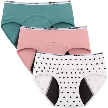 INNERSY Period Underwear for Teens Cotton Leekproof Menstrual Panties 3-Pack (8-10 years, Refreshing Blue Pink Polka Dots)