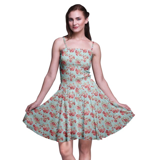 Bimba Robe Soleil Mini à Bretelles Spaghetti pour Femmes, Haut à Taille Smockée Imprimé Floral - Très Petit