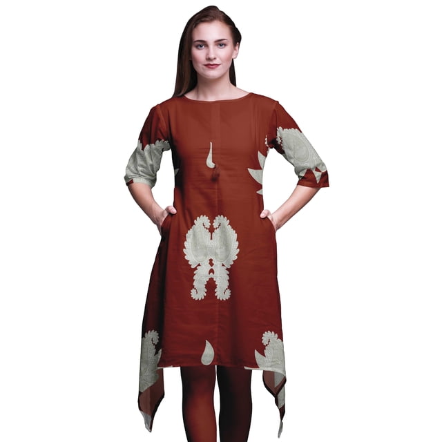 Bimba Kurta pour Femmes à Motif Cachemire Rouge Ethnique Imprimé Asymétrique Hauts d'Été pour Femmes Petit