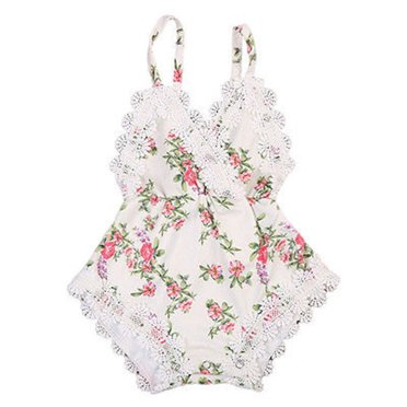 Barboteuse d'Été Sans Manches pour Bébés Filles Imprimé Floral Col en V Dentelle Patchwork Combinaison