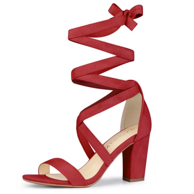 BLISSFUL STEP Sandales pour Femmes Couleur Unie Talons Blocs Moyens Sandales à Lacets Rouge 9.5