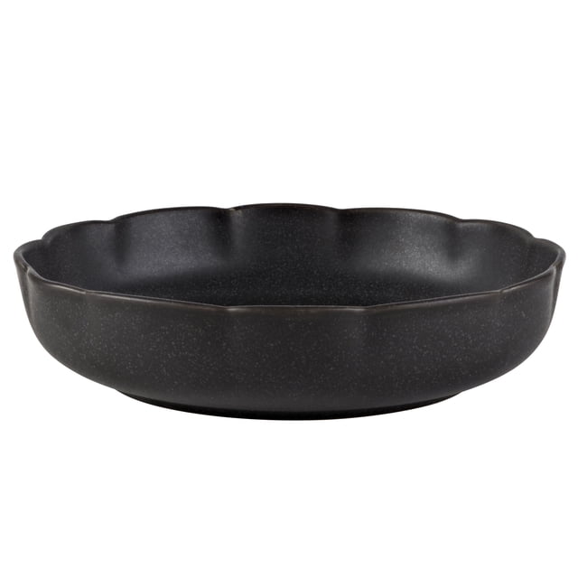 BU Scallop 8 inch Dinner Bowl Black with scalloped edges in matte black stoneware, designed for everyday dining and light entertaining, microwave and dishwasher safe, often used for serving soups or salads.