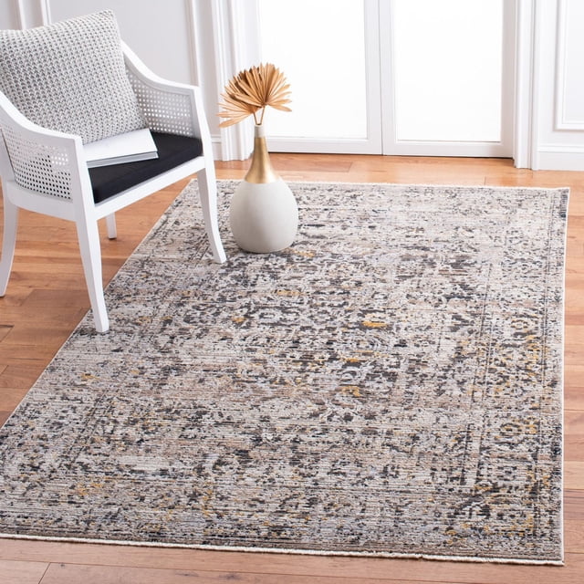 Safavieh Mayflower Charla Traditional Distressed Area Rug 8x10 ft with vintage distressed pattern and petite fringes in soft neutral tones, power-loomed synthetic yarns, shown on hardwood floor with white chair and decorative vase.