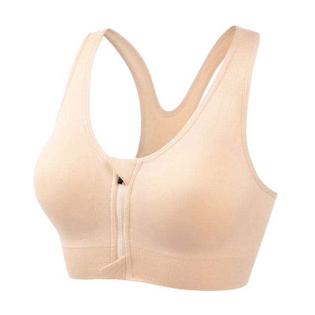 FYEGRE Sports Bras for Women Full Support Front Zip Closure Compression Bras Post Surgery Wireless Racerback Sport Brassiere Beige M