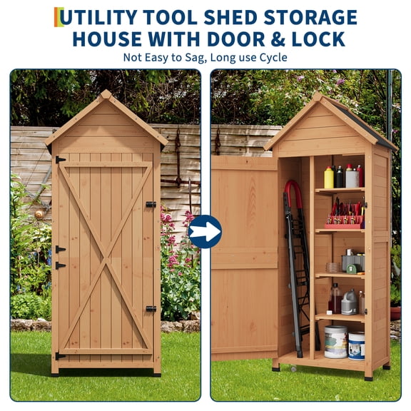 Armoire de Rangement de Patio en Bois Verrouillable 63 70 Pouces, Garde-Robe Extérieure Haute Imperméable avec Tablettes Ajustables pour Jardin Cour, Brun Cèdre Naturel
